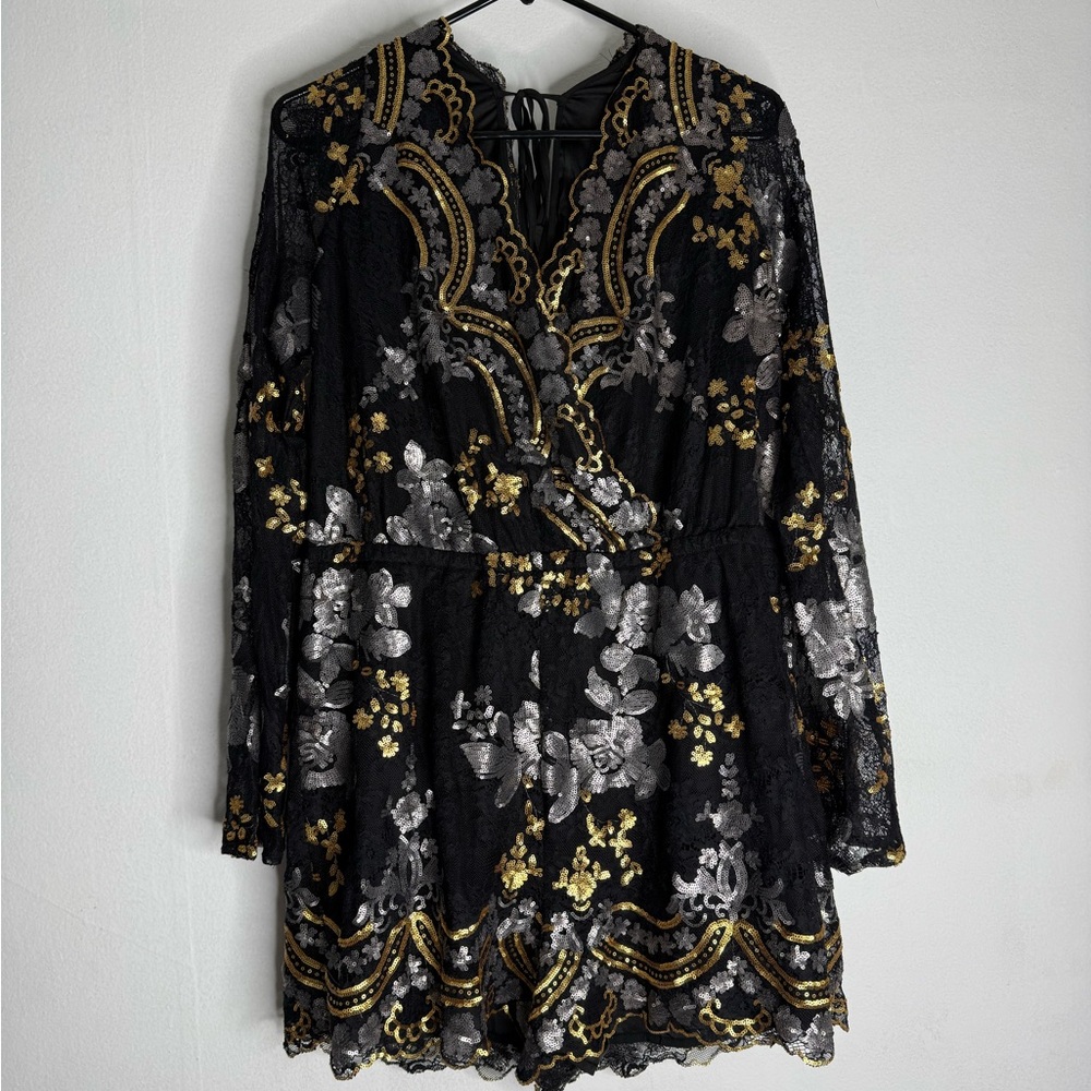 Bebe Black and Gold Lace Romper